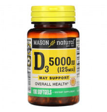 Витамин D Mason Natural, Витамин D3, 5000 МЕ (125 мкг), 100 мягких таблеток