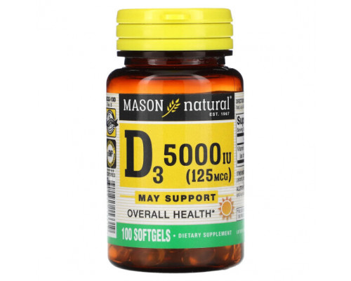 Витамин D Mason Natural, Витамин D3, 5000 МЕ (125 мкг), 100 мягких таблеток Витамин D Mason Natural, Витамин D3, 5000 МЕ (125 мкг), 100 мягких таблеток
