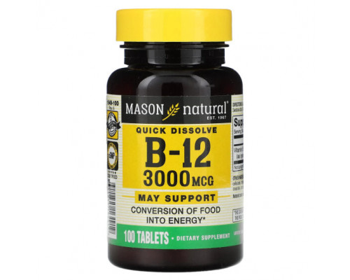 Витамины группы B Mason Natural, Витамин B12, 3000 мкг, 100 таблеток Витамины группы B Mason Natural, Витамин B12, 3000 мкг, 100 таблеток