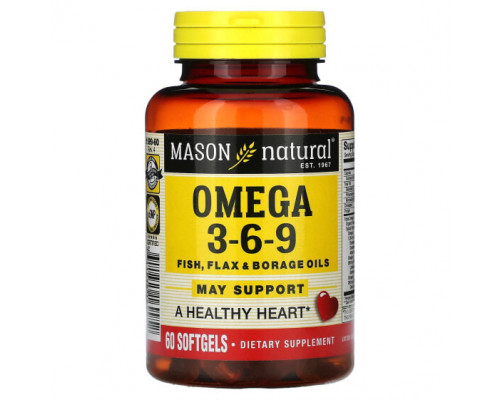 Рыбий жир и Омега 3, 6, 9 Mason Natural, Омега 3-6-9, масло рыбы, льна и бурачника, 60 мягких таблеток Рыбий жир и Омега 3, 6, 9 Mason Natural, Омега 3-6-9, масло рыбы, льна и бурачника, 60 мягких таблеток