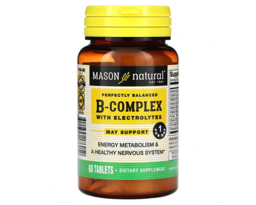 Витамины группы B Mason Natural, идеально сбалансированный комплекс витаминов группы B с электролитами, 60 таблеток Витамины группы B Mason Natural, идеально сбалансированный комплекс витаминов группы B с электролитами, 60 таблеток