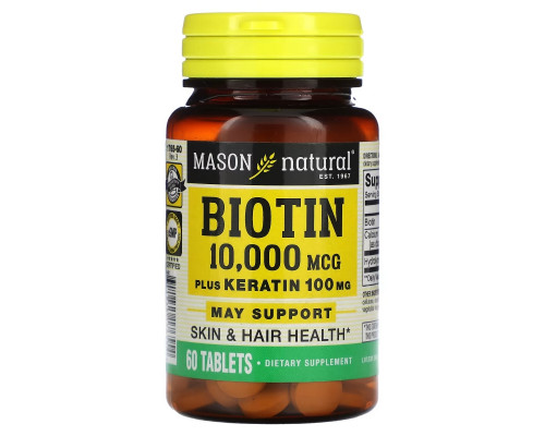 Mason Natural, Биотин плюс кератин, 10000 мкг, 60 таблеток Mason Natural, Биотин плюс кератин, 10000 мкг, 60 таблеток