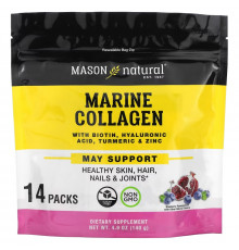 Mason Natural, Marine Collagen with Biotin, Hyaluronic Acid, Turmeric & Zinc, Blueberry Pomegranate, 14 Packs, 4.9 oz (140 g)