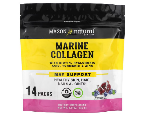 Mason Natural, Marine Collagen with Biotin, Hyaluronic Acid, Turmeric & Zinc, Blueberry Pomegranate, 14 Packs, 4.9 oz (140 g) Mason Natural, Marine Collagen with Biotin, Hyaluronic Acid, Turmeric & Zinc, Blueberry Pomegranate, 14 Packs, 4.9 oz (140 g)