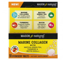 Коллаген Mason Natural, Морской коллаген с зеленым чаем матча, куркумой и биотином, персиком и манго, 5000 мкг, 10 шипучих таблеток