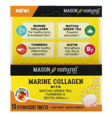 Коллаген Mason Natural, Морской коллаген с зеленым чаем матча, куркумой и биотином, персиком и манго, 5000 мкг, 10 шипучих таблеток