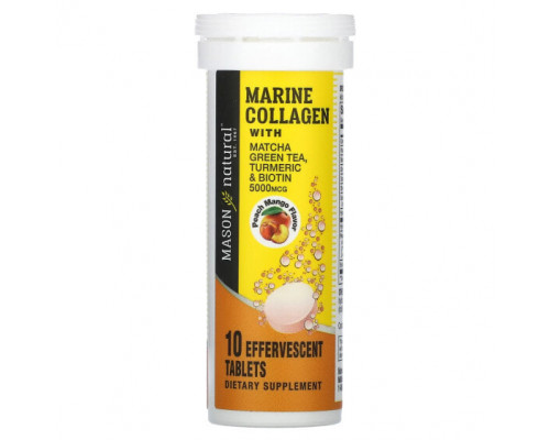 Коллаген Mason Natural, Морской коллаген с зеленым чаем матча, куркумой и биотином, персиком и манго, 5000 мкг, 10 шипучих таблеток Коллаген Mason Natural, Морской коллаген с зеленым чаем матча, куркумой и биотином, персиком и манго, 5000 мкг, 10 шипучих таблеток