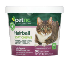 petnc NATURAL CARE, Мягкие жевательные таблетки для защиты от образования комков шерсти, для всех кошек, со вкусом курицы и сыра, 90 шт.