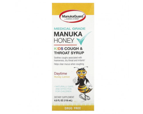 Детское здоровье ManukaGuard, Manuka Honey, детский сироп от кашля и горла, дневной, с медом и лимоном, 118 мл (4 жидк. Унции) Детское здоровье ManukaGuard, Manuka Honey, детский сироп от кашля и горла, дневной, с медом и лимоном, 118 мл (4 жидк. Унции)