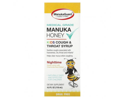 Детское здоровье ManukaGuard, Manuka Honey, детский сироп от кашля и горла, для приема перед сном, мед и лимон, 118 мл (4 жидк. Унции) Детское здоровье ManukaGuard, Manuka Honey, детский сироп от кашля и горла, для приема перед сном, мед и лимон, 118 мл (4 жидк. Унции)