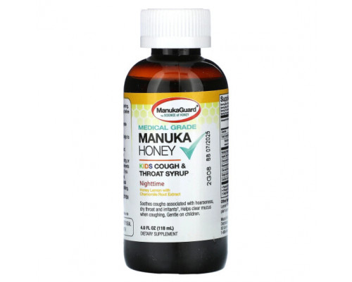 Детское здоровье ManukaGuard, Manuka Honey, детский сироп от кашля и горла, для приема перед сном, мед и лимон, 118 мл (4 жидк. Унции) Детское здоровье ManukaGuard, Manuka Honey, детский сироп от кашля и горла, для приема перед сном, мед и лимон, 118 мл (4 жидк. Унции)