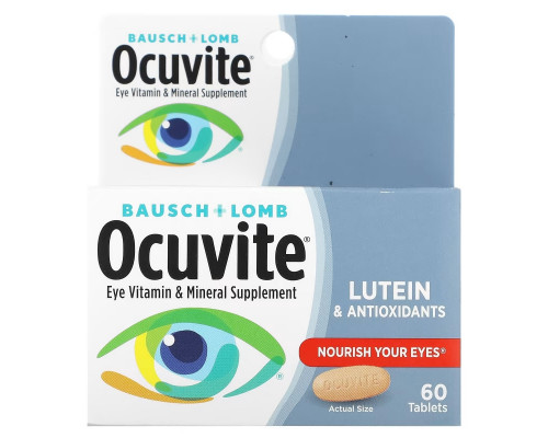 Bausch & Lomb Ocuvite, С Лютеином, Глазные витамины и минеральное дополнение, 60 Таблеток Bausch & Lomb Ocuvite, С Лютеином, Глазные витамины и минеральное дополнение, 60 Таблеток