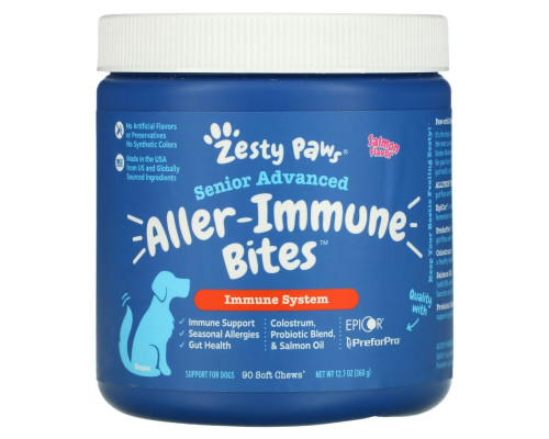 Zesty Paws, Senior Advanced Aller-Immune Bites for Dogs, Immune System, Salmon, 90 Soft Chews, 12.7 oz (360 g) Zesty Paws, Senior Advanced Aller-Immune Bites for Dogs, Immune System, Salmon, 90 Soft Chews, 12.7 oz (360 g)