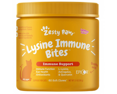 Zesty Paws, Lysine Immune Bites for Cats, Immune Support, All Ages, Salmon, 60 Soft Chews, 3.1 oz (90 g) Zesty Paws, Lysine Immune Bites for Cats, Immune Support, All Ages, Salmon, 60 Soft Chews, 3.1 oz (90 g)