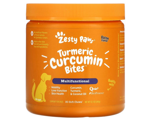 Zesty Paws, Turmeric Curcumin Bites, добавка для собак, со вкусом бекона, 90 мягких жевательных таблеток Zesty Paws, Turmeric Curcumin Bites, добавка для собак, со вкусом бекона, 90 мягких жевательных таблеток