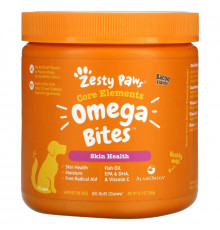 Zesty Paws, Omega Bites, добавка для собак, для здоровья кожи и шерсти животных, с ароматизатором «Бекон», 90 мягких жевательных таблеток