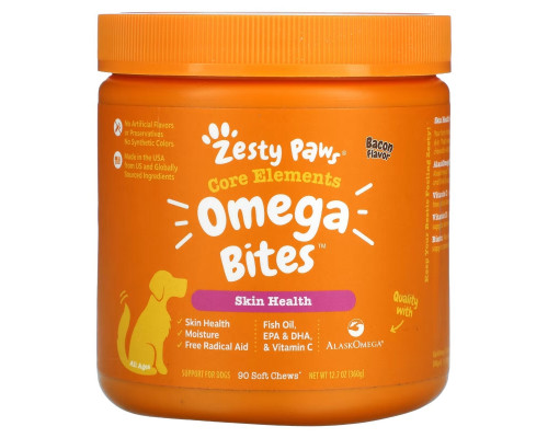 Zesty Paws, Omega Bites, добавка для собак, для здоровья кожи и шерсти животных, с ароматизатором «Бекон», 90 мягких жевательных таблеток Zesty Paws, Omega Bites, добавка для собак, для здоровья кожи и шерсти животных, с ароматизатором «Бекон», 90 мягких жевательных таблеток