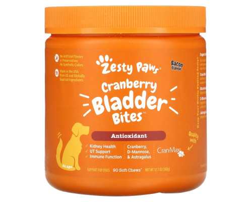 Zesty Paws, Cranberry Bladder Bites for Dogs, Antioxidant, All Ages, Bacon, 90 Soft Chews, 12.7 oz (360 g) Zesty Paws, Cranberry Bladder Bites for Dogs, Antioxidant, All Ages, Bacon, 90 Soft Chews, 12.7 oz (360 g)
