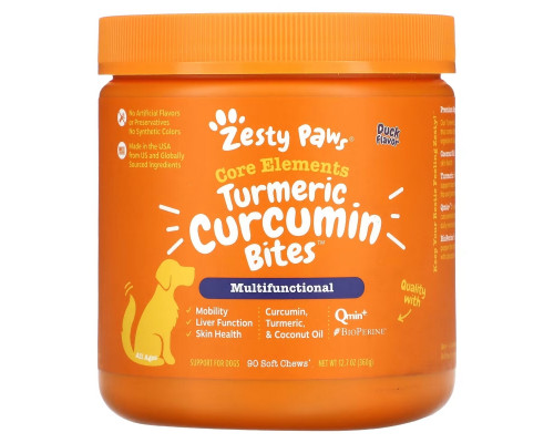 Zesty Paws, Turmeric Curcumin Bites for Dogs, Multifunctional, All Ages, Duck, 90 Soft Chews, 12.7 oz (360 g) Zesty Paws, Turmeric Curcumin Bites for Dogs, Multifunctional, All Ages, Duck, 90 Soft Chews, 12.7 oz (360 g)