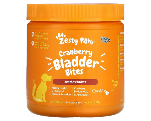 Zesty Paws, Cranberry Bladder Bites, добавка для собак с антиоксидантами, для любого возраста, со вкусом курицы, 90 мягких жевательных таблеток, 360 г (12,7 унции) Zesty Paws, Cranberry Bladder Bites, добавка для собак с антиоксидантами, для любого возраста, со вкусом курицы, 90 мягких жевательных таблеток, 360 г (12,7 унции)