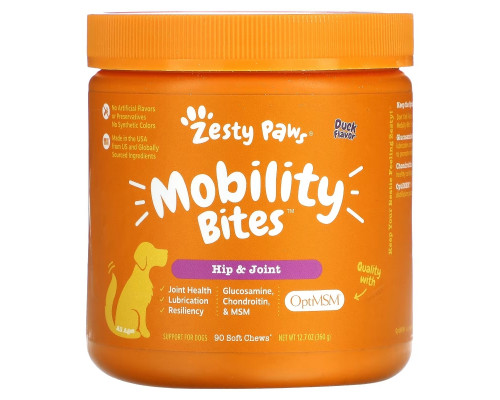 Zesty Paws, Укусы для передвижения для собак, бедра и суставы, для всех возрастов, со вкусом утки, 90 мягких жевательных кусочков, 12,7 унции (360 г) Zesty Paws, Укусы для передвижения для собак, бедра и суставы, для всех возрастов, со вкусом утки, 90 мягких жевательных кусочков, 12,7 унции (360 г)