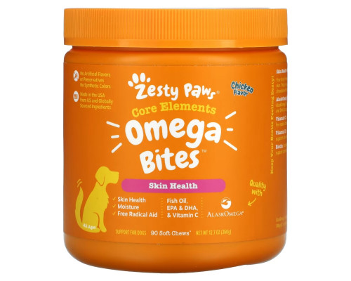 Zesty Paws, Omega Bites, добавка для собак, для любого возраста, со вкусом курицы, 90 мягких жевательных таблеток Zesty Paws, Omega Bites, добавка для собак, для любого возраста, со вкусом курицы, 90 мягких жевательных таблеток