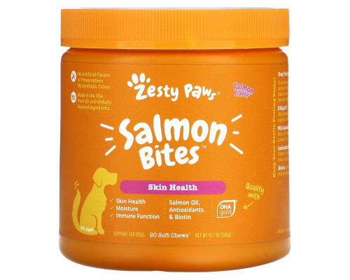 Zesty Paws, Укусы лосося для собак, кожа и шерсть, для всех возрастов, со вкусом лосося, 90 жевательных таблеток Zesty Paws, Укусы лосося для собак, кожа и шерсть, для всех возрастов, со вкусом лосося, 90 жевательных таблеток