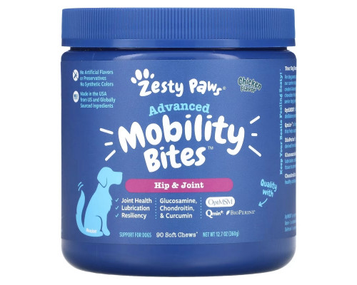 Zesty Paws, Advanced Mobility Bites for Dogs, Hip & Joint, Senior, Chicken, 90 Soft Chews, 12.7 oz (360 g) Zesty Paws, Advanced Mobility Bites for Dogs, Hip & Joint, Senior, Chicken, 90 Soft Chews, 12.7 oz (360 g)