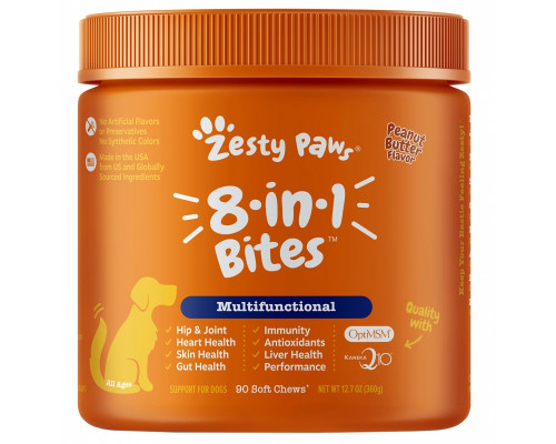 Zesty Paws, многофункциональные таблетки для собак с полезными микроэлементами, 8 в 1, для любого возраста, арахисовое масло, 90 мягких жевательных таблеток Zesty Paws, многофункциональные таблетки для собак с полезными микроэлементами, 8 в 1, для любого возраста, арахисовое масло, 90 мягких жевательных таблеток
