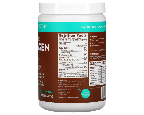 Further Food, Chocolate Collagen Peptides Plus Reishi Mushroom, Dark Chocolate, 11 oz (312 g) Further Food, Chocolate Collagen Peptides Plus Reishi Mushroom, Dark Chocolate, 11 oz (312 g)