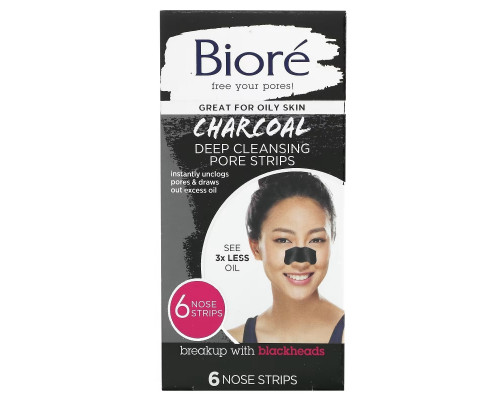 Biore, Deep Cleansing Pore Strips, Charcoal, 6 Nose Strips Biore, Deep Cleansing Pore Strips, Charcoal, 6 Nose Strips