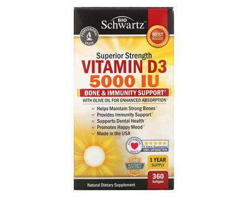 BioSchwartz, Superior Strength Vitamin D3, 5,000 IU, 360 Softgels BioSchwartz, Superior Strength Vitamin D3, 5,000 IU, 360 Softgels