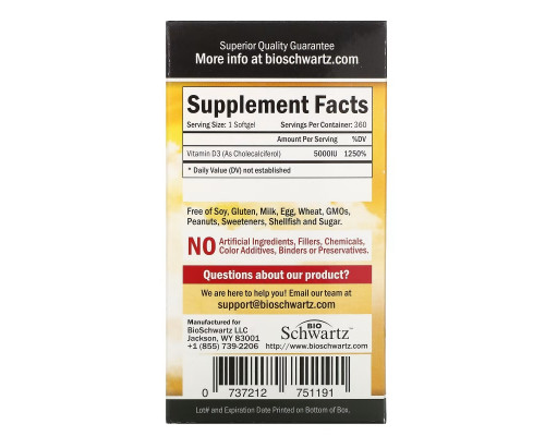 BioSchwartz, Superior Strength Vitamin D3, 5,000 IU, 360 Softgels BioSchwartz, Superior Strength Vitamin D3, 5,000 IU, 360 Softgels