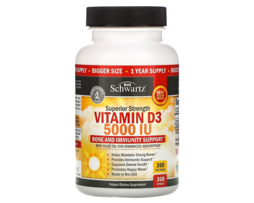 BioSchwartz, Superior Strength Vitamin D3, 5,000 IU, 360 Softgels BioSchwartz, Superior Strength Vitamin D3, 5,000 IU, 360 Softgels