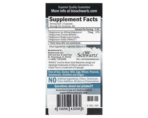 BioSchwartz, Maximum Absorption Magnesium Bisglycinate, 180 Veggie Caps BioSchwartz, Maximum Absorption Magnesium Bisglycinate, 180 Veggie Caps