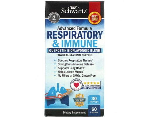 Для здоровья дыхательной системы BioSchwartz, Respiratory & Immune, смесь биофлавоноидов кверцетина, 60 капсул Для здоровья дыхательной системы BioSchwartz, Respiratory & Immune, смесь биофлавоноидов кверцетина, 60 капсул