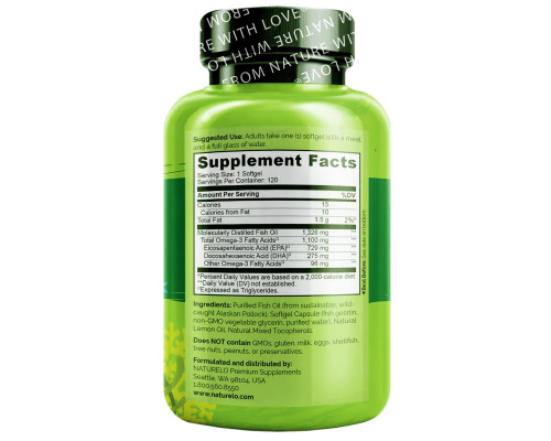 NATURELO, Omega-3 Triglyceride Fish Oil, 1,100 mg, 120 Softgels NATURELO, Omega-3 Triglyceride Fish Oil, 1,100 mg, 120 Softgels