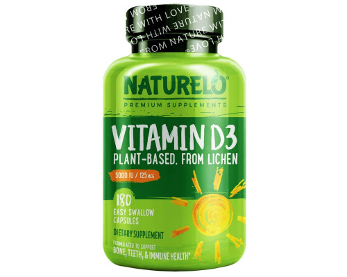NATURELO, Vitamin D3, Plant Based, 5000 IU/125 mcg, 180 Easy Swallow Capsules NATURELO, Vitamin D3, Plant Based, 5000 IU/125 mcg, 180 Easy Swallow Capsules