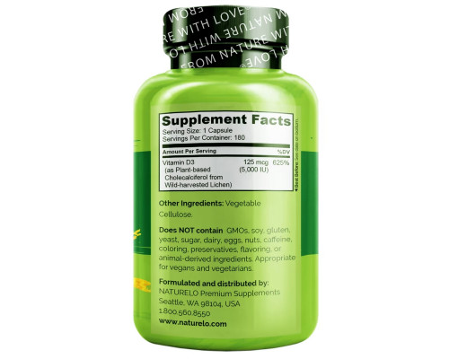 NATURELO, Vitamin D3, Plant Based, 5000 IU/125 mcg, 180 Easy Swallow Capsules NATURELO, Vitamin D3, Plant Based, 5000 IU/125 mcg, 180 Easy Swallow Capsules