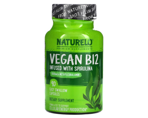 NATURELO, Vegan B12 Infused with Spirulina, 90 Easy Swallow Capsules