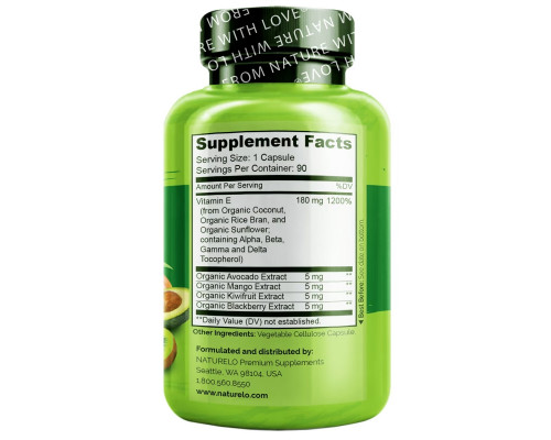 NATURELO, Vitamin E, Made with Whole Foods, 180 mg, 90 Vegetarian Capsules NATURELO, Vitamin E, Made with Whole Foods, 180 mg, 90 Vegetarian Capsules