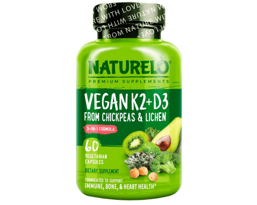 NATURELO, Vitamin K2 + D3, From Chickpeas & Lichen, 60 Vegetarian Capsules NATURELO, Vitamin K2 + D3, From Chickpeas & Lichen, 60 Vegetarian Capsules