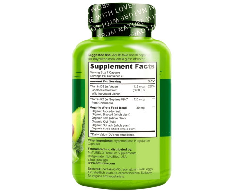 NATURELO, Vitamin K2 + D3, From Chickpeas & Lichen, 60 Vegetarian Capsules NATURELO, Vitamin K2 + D3, From Chickpeas & Lichen, 60 Vegetarian Capsules