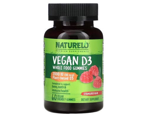 NATURELO, Vegan D3 Whole Food Gummies, Strawberry, 1,000 IU (25 mcg), 60 Vegan Friendly Gummies NATURELO, Vegan D3 Whole Food Gummies, Strawberry, 1,000 IU (25 mcg), 60 Vegan Friendly Gummies
