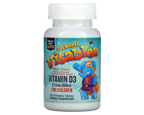Vitables, Vitamin D3 Chewables for Children, Black Cherry, 12.5 mcg (500 IU), 90 Vegetarian Tablets Vitables, Vitamin D3 Chewables for Children, Black Cherry, 12.5 mcg (500 IU), 90 Vegetarian Tablets