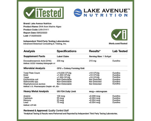 Lake Avenue Nutrition, DHA from Marine Algae, Vegetarian Omega, 200 mg, 60 Veggie Softgels Lake Avenue Nutrition, DHA from Marine Algae, Vegetarian Omega, 200 mg, 60 Veggie Softgels