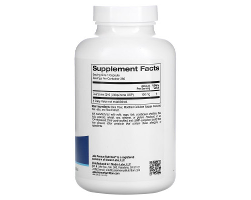 Lake Ave. Nutrition, CoQ10, 100 mg, 360 Veggie Capsules Lake Ave. Nutrition, CoQ10, 100 mg, 360 Veggie Capsules