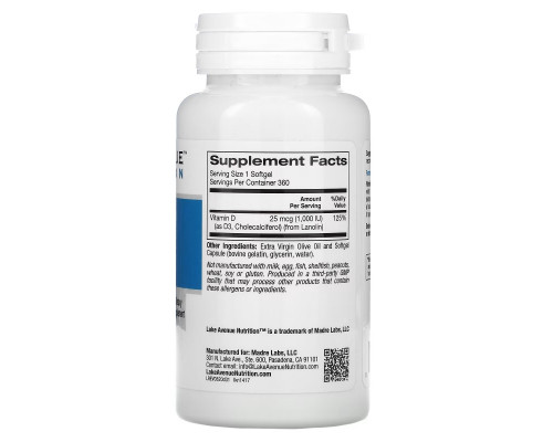 Lake Ave. Nutrition, Vitamin D3, 1,000 IU, 360 Softgels Lake Ave. Nutrition, Vitamin D3, 1,000 IU, 360 Softgels