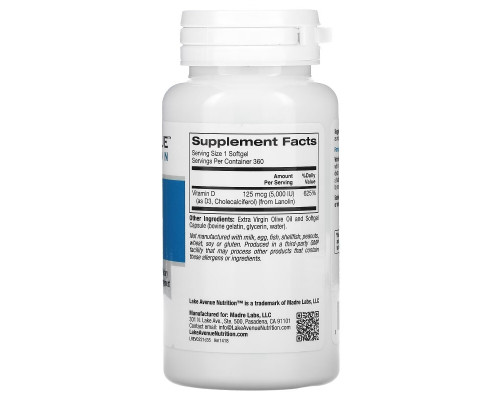 Lake Ave. Nutrition, Vitamin D3, 5,000 IU, 360 Softgels Lake Ave. Nutrition, Vitamin D3, 5,000 IU, 360 Softgels