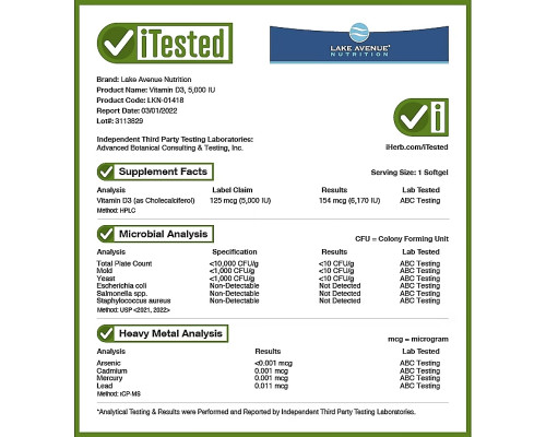 Lake Ave. Nutrition, Vitamin D3, 5,000 IU, 360 Softgels Lake Ave. Nutrition, Vitamin D3, 5,000 IU, 360 Softgels